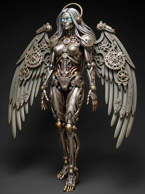 Clockwork Female Angel, Angel Wings (6 foot Wingspan), Stainless Steel skinned , Long Flowing Silver Hair, Large Breast, Voluptuous muscular Build, wide hipped, thick muscular thighs, iridescent White glowing glass eyes, standing in a laboratory