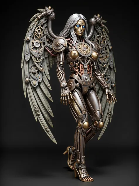 Clockwork Female Angel, Angel Wings (6 foot Wingspan), Stainless Steel skinned , Long Flowing Silver Hair, Large Breast, Voluptuous muscular Build, wide hipped, thick muscular thighs, iridescent White glowing glass eyes, standing in a laboratory