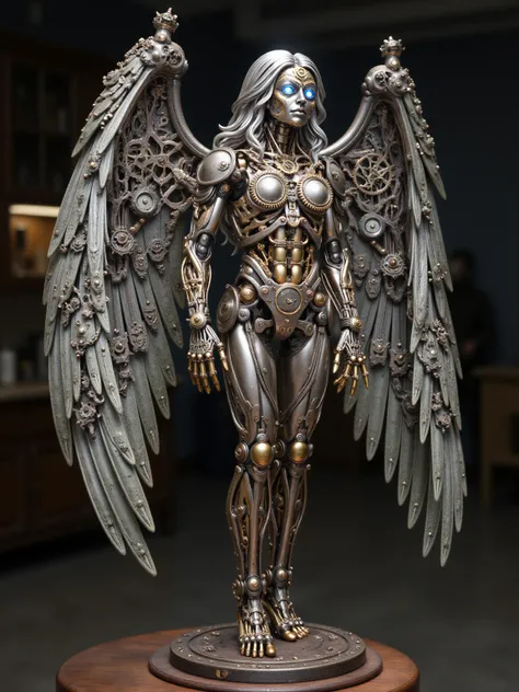 Clockwork Female Angel, Angel Wings (6 foot Wingspan), Stainless Steel skinned , Long Flowing Silver Hair, Large Breast, Voluptuous muscular Build, wide hipped, thick muscular thighs, iridescent White glowing glass eyes, standing in a laboratory