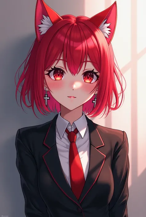  Transsexual anime boy with short cherry red hair, with cross-shaped earrings,  black suit with tie the color of his hair, cat ears the color of his hair on top of him