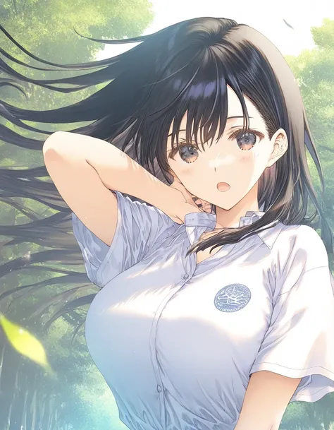  1 girl,  School Student ,   black hair,  Beautiful Detailed Eyes , Moderately large breasts,   expressionless  ,  open your mouth ,  outdoor,wind,  fantasy,  game cg, break,( Artist :Mitsumi_Misato), Artist : Fujiyama , Artist :Coconoca  , break,( Masterp...