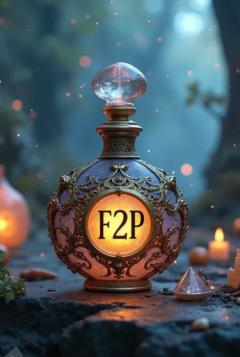 A fantasy perfume bottle with F2P written on it