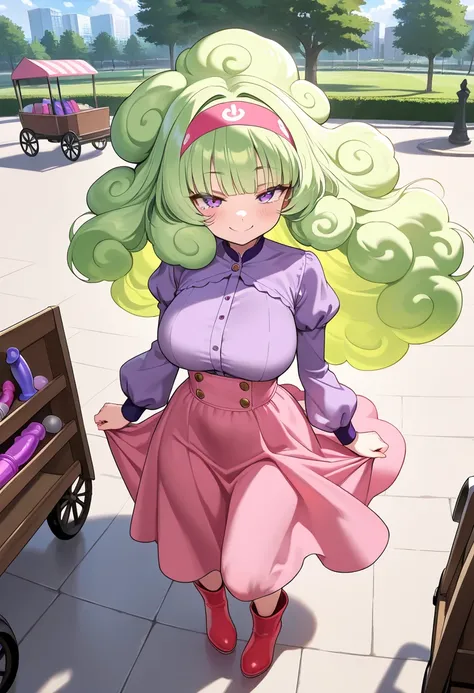 (NSFW, masterpiece, best quality, amazing quality, very aesthetic\), (public park), 1girl, solo ,\((cloud hair), seller, big hair, (floating hair), straight bangs, headband, green hair, purple eyes, Purple blouse with puffed sleeves, pink high waist skirt ...