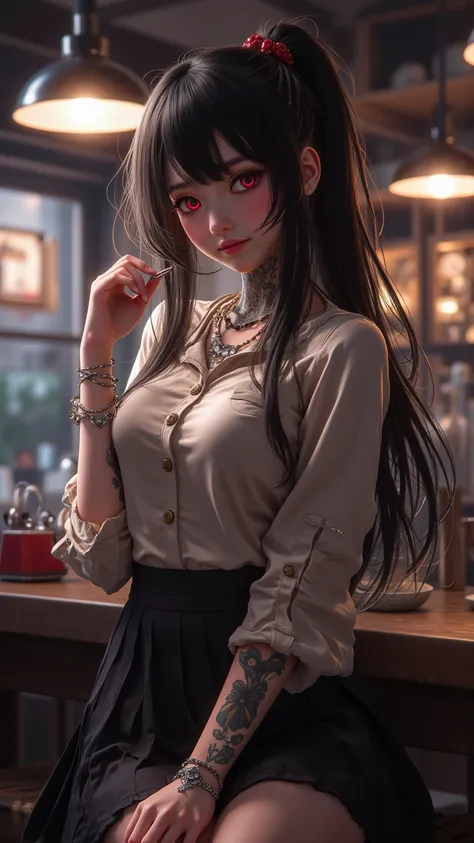  A lonely girl ， has charming details ， Tattoos on the neck ， accessorized with necklaces and bracelets ， exudes a sexy atmosphere ， The hairstyle is a ponytail ， Wearing School Uniform ， over a buttoned shirt ，With pleated skirt 。 She has long black hair ...