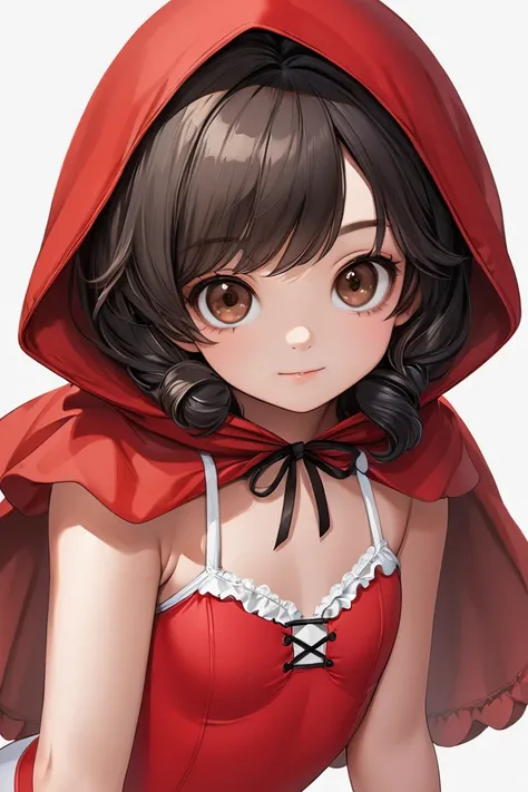  top quality,   ultra high resolution、(( girl))、 semi-long black hair, brown eyes, Little Red Riding Hood,Red and white swimsuit