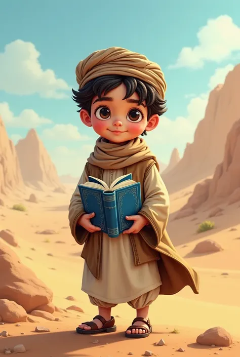 Imagine un personnage cartoon érudit enfant arabe en tenue modeste du désert  d Arabie de l an 900 avec le sahih Al boukhari en 5 tomes bleu 4 fermés et un ouvert devant lui écrit Al boukhari sur les couvertures style édition Al qalam