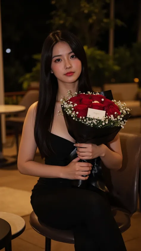 A stunning young woman with long, sleek black hair and a confident yet soft expression sits in an elegant nighttime setting. She wears a black, form-fitting outfit, accentuating her graceful posture. In her hands, she holds a luxurious bouquet of red roses...