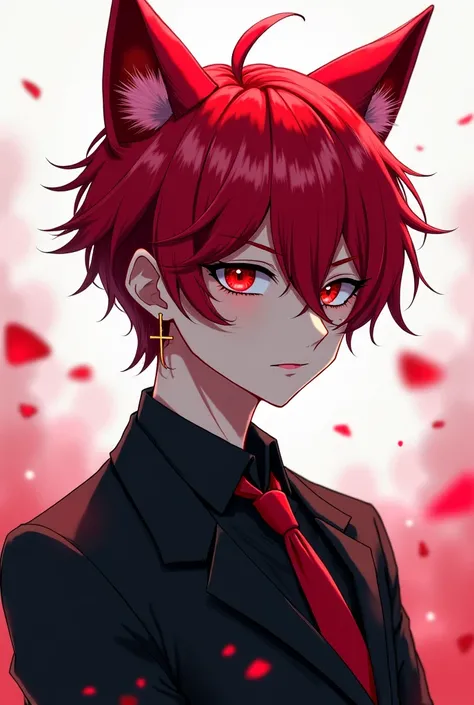  Transsexual anime boy with extremely short cherry red hair, with earrings in the shape of a cross ,   black suit with tie the color of his hair ,  cat ears the color of his hair above him