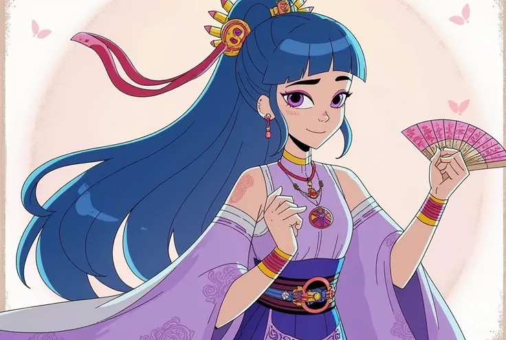 A Chinese American girl has blue hair bangs headress and qung dynasty kung fu princess and sandals and bracelets tessen fans blue and violet and gold pattern 