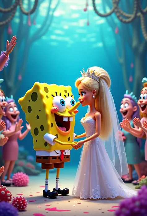 Spongebob and Barbie had a wedding. Barbie and Spongebob kissed on the wedding. The audience aplaud.