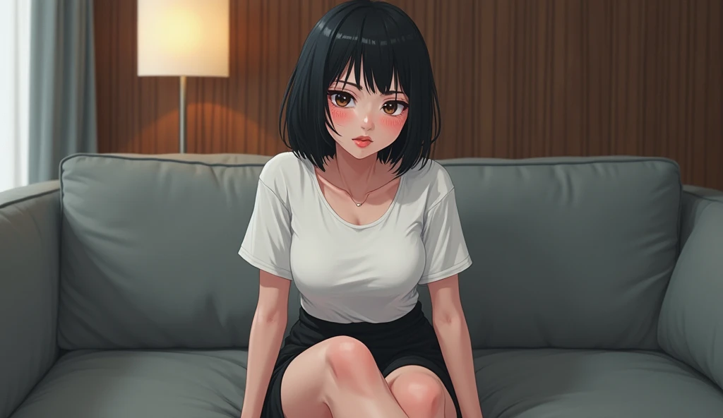 masterpiece, best quality, illustration, Super detailed, fine detail, High resolution, 8K, perfect dynamic composition, (High Quality Details), (plain white short sleeve t-shirt, black short skirt), short bob bangs, big breasts, big boobs, black hair color...