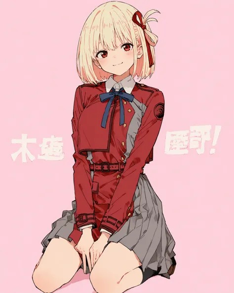  top quality,     Masterpiece,      748cm style     ,           cute poster   、   8k wallpaper、    Masterpiece、、     high detail、、              absurd,      latest,                  chisatonishikigi, Chisato Nishikigi, short hair, bangs, blonde hair, red e...