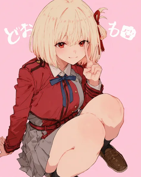  top quality,     Masterpiece,      748cm style     ,           cute poster   、   8k wallpaper、    Masterpiece、、     high detail、、              absurd,      latest,                  chisatonishikigi, Chisato Nishikigi, short hair, bangs, blonde hair, red e...