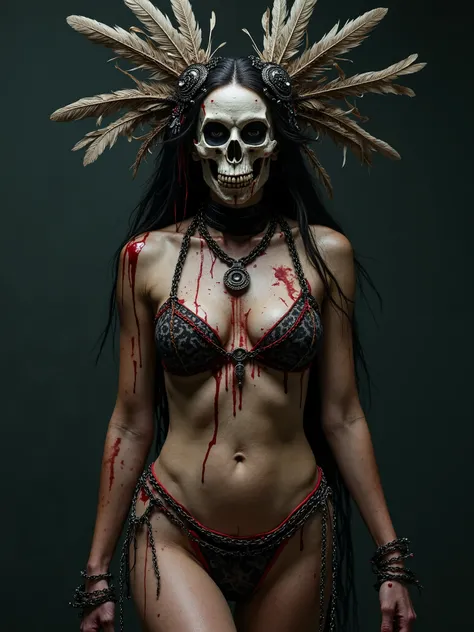 Beautiful Female cosmic entity dressed in a chained bikini with feather and bone crown,half skull half face rotted,barb wire wrapped around her,spilled with red and black fluid,dark makeup,dark surrealism,dark realistic photography, dark occult art,melanch...