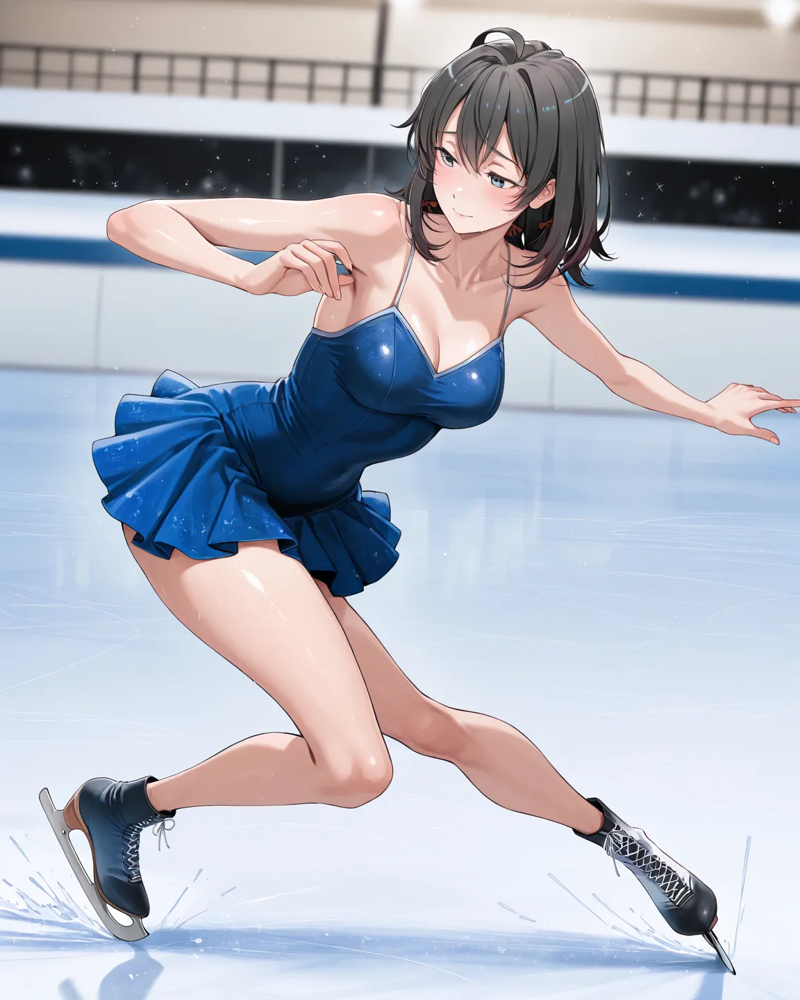 A woman are ice skating, Indoor skating rink, my skirt is fluttering, blue mini dress, solo, masterpiece, high resolution, best quality, yukinoshita haruno