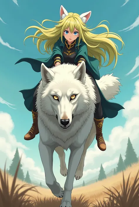 My hero Academia girl with long blonde and green hair with white wolf ears riding a huge white wolf running
