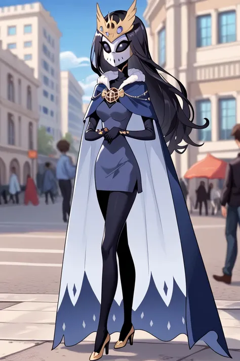 art by vivsiepop
(1female, solo) faceless, mask \(white face mask, Blue lining, black eyes/) black hair, long hair, black long cape, \(cape covering full body/), cape touch the ground, used cape to covered, standing, Park, city, day, animated cartoon style