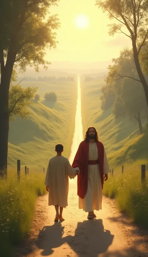 Jesus walking side by side with a young man on a long, straight road.