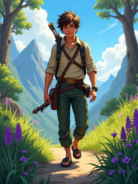 The image depicts a determined-looking young man in a vibrant natural setting. He stands on a trail surrounded by tall grass and purple flowers, with lush trees around him and mountains in the background. The bright blue sky with a few white clouds adds a ...