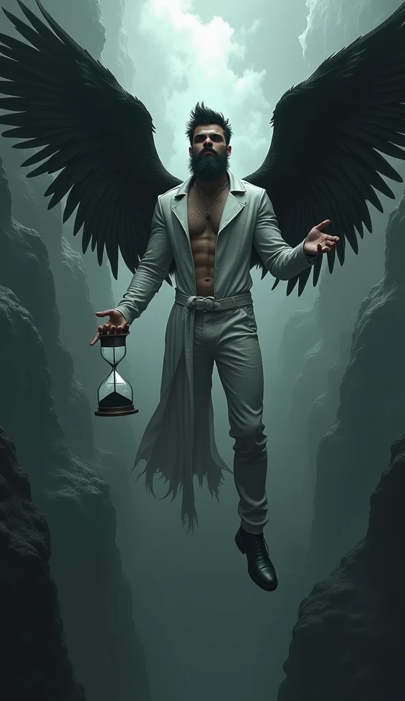 floating above dark primordial abyss,cool and edgy,6'5",chubby,youthful,sharp angled face,prominent nose,piercing eyes,black short edgy hair,extra long flowing black beard. Wears fitted all-white leather, magnificent black wings outstretched, casting drama...