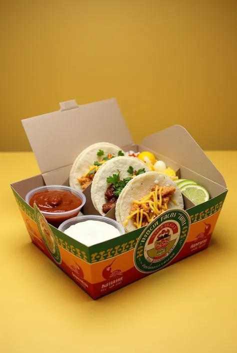  Foldable Taco Box :
	• A container that , when opening,  becomes a tray with compartments for tacos and accessories  (sauces, lemons, Onions, etc.).
	 • Made with biodegradable material resistant to grease .
	• Design with vibrant colors and graphics remi...