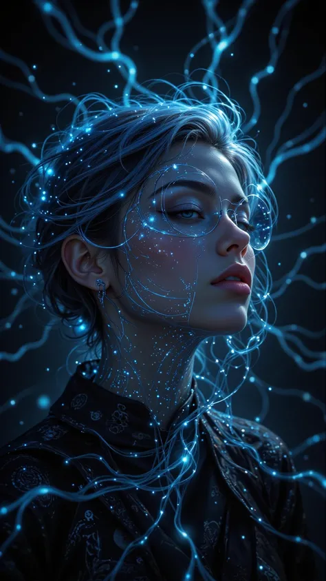  A floating bionic woman is surrounded by a digital storm， Her face blends into the flow of bright data ， wearing a transparent holographic mask ， emits a serene blue glow ， showing mysterious codes and compositions on its surface ，Her eyes closed 。