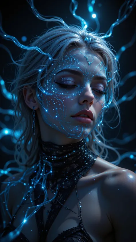  A floating bionic woman is surrounded by a digital storm， Her face blends into the flow of bright data ， wearing a transparent holographic mask ， emits a serene blue glow ， showing mysterious codes and compositions on its surface ，Her eyes closed 。