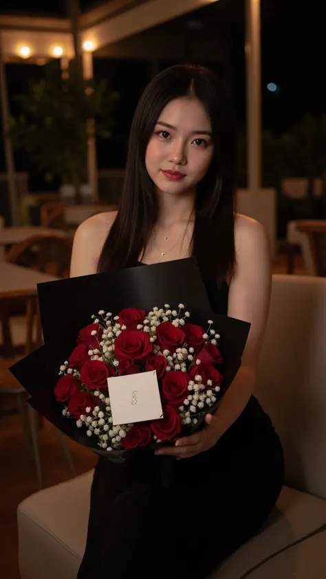 A stunning young woman with long, sleek black hair and a confident yet soft expression sits in an elegant nighttime setting. She wears a black, form-fitting outfit, accentuating her graceful posture. In her hands, she holds a luxurious bouquet of red roses...