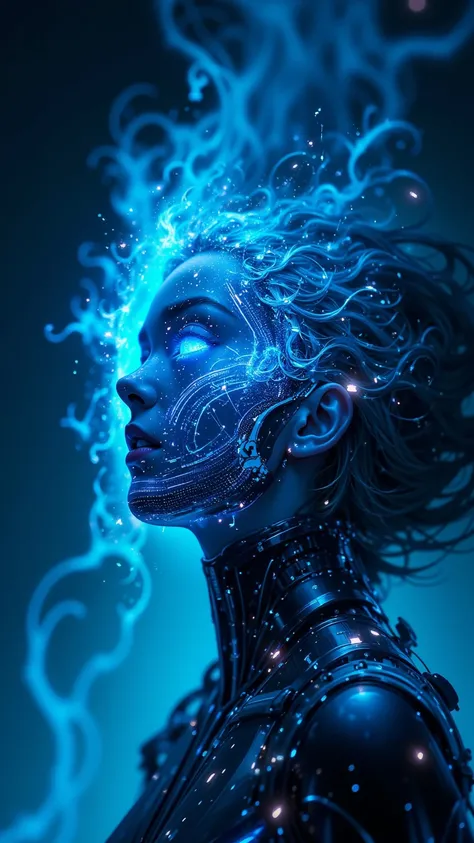  A floating bionic woman is surrounded by a digital storm， Her face blends into the flow of bright data ， wearing a transparent holographic mask ， emits a serene blue glow ， showing mysterious codes and compositions on its surface ，Her eyes closed 。