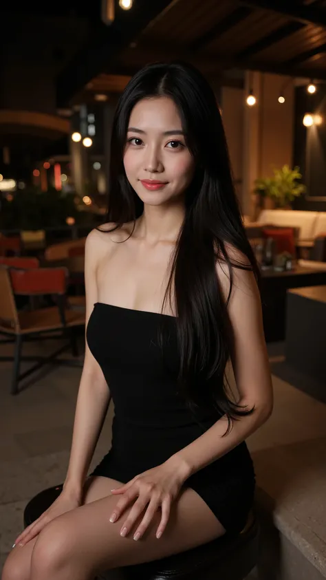 A beautiful young woman with long, flowing black hair sits gracefully in an upscale nighttime outdoor setting. She wears a sleek black dress, exuding elegance and confidence. Her expression is poised, with warm eyes and a slight smile. The background is di...