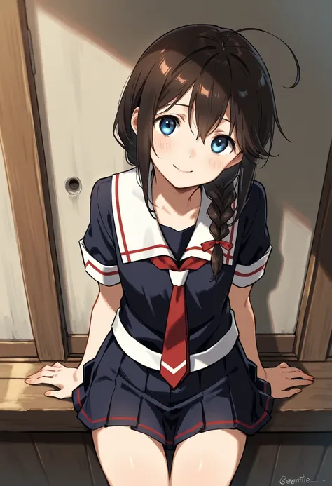 (masterpiece), highly detailed, best quality, 1girl, shigure(kantai collection), school uniform, pleated skirt, black hair, blue eyes, long hair, large braid, gentle smile, flat chest, looking at viewer, flat hair, ahoge, immature, young