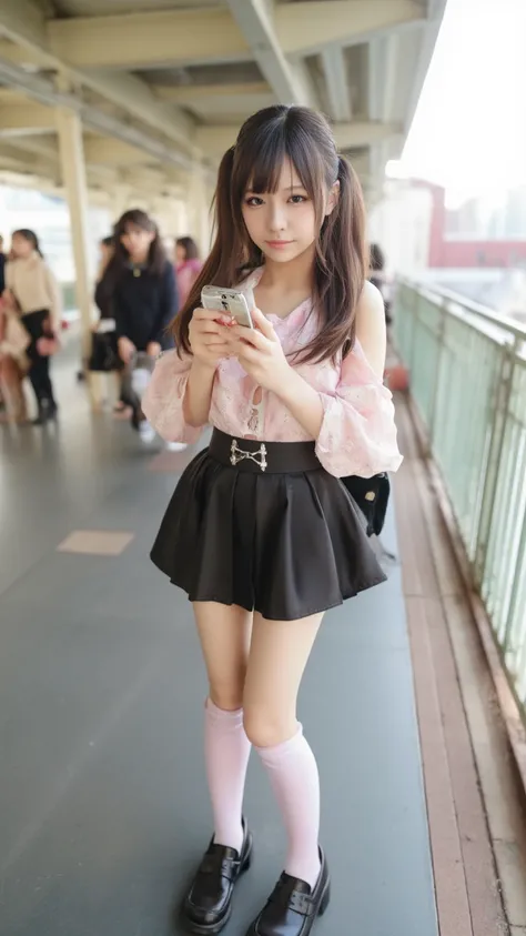 A Japanese girl in her teens wearing minefield fashion standing on the platform of a train station in Tokyo where many people come and go、Keep your long hair together with a hair clip、Wear a light pink lace layered ruffle bijou blouse with open shoulders a...