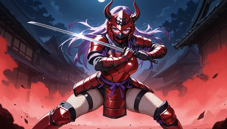 masterpiece, best quality, amazing quality, very aesthetic, high resolution, newest, hyper-detailed, game cg, purple hair, purple eyes, long hair, red armor, samurai armor, horned helmet, demon mask, red fog, [[[mature female]]], holding sword, night, ninj...