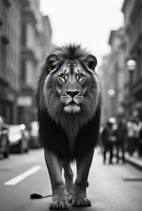 Black and white pictures of lion in town