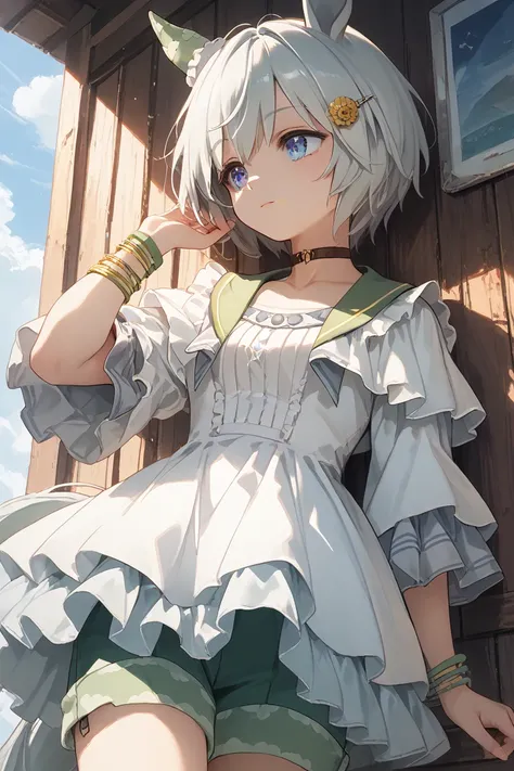 siun_Sky, horse ears, horse tail, short hair, white hair, bangs, hair ornament, hairclip, blue eyes,_Race,choker, white dress, Flutter Sleeves, white frills, (Sailor collar:0.6), green shorts, bracelet, boots
_Dance, long sleeves,Nap、Shade、 peek