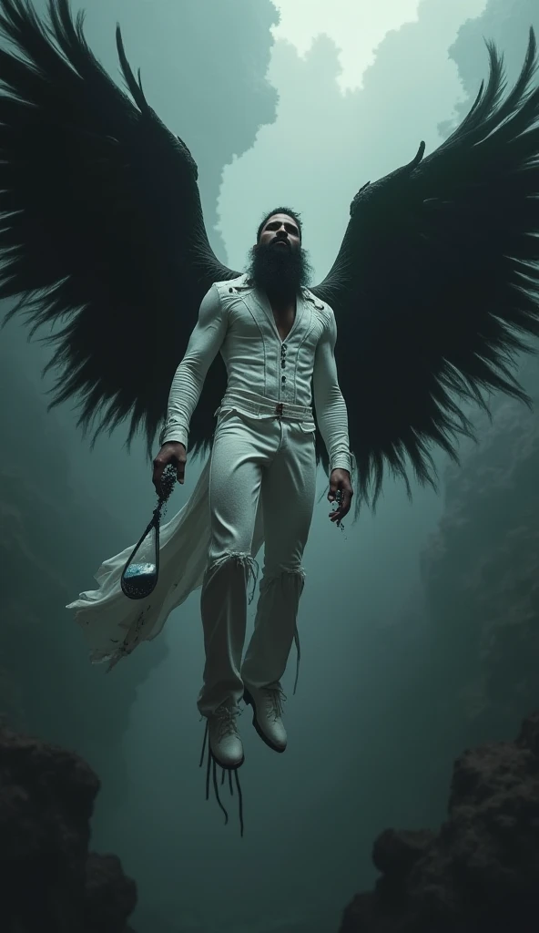 floating above dark primordial abyss,cool and edgy,6'5",270lbs,handsome,youthful,sharp angled face,prominent nose,piercing eyes,black short edgy hair,extra long flowing black beard. Wears fitted all-white leather, magnificent black wings outstretched, cast...