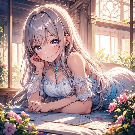 1girl,insanely detailed, masterpiece, best quality, detailed, ultra detailed, beautiful, smiling, blunt bangs, shiny hair, white hair, brown hair, colored inner hair, gradient eyes, rainbow gradient、Valentine、ハートのチョコレート、リボン、かわいい、ハート、ダイヤモンド、キラキラ、