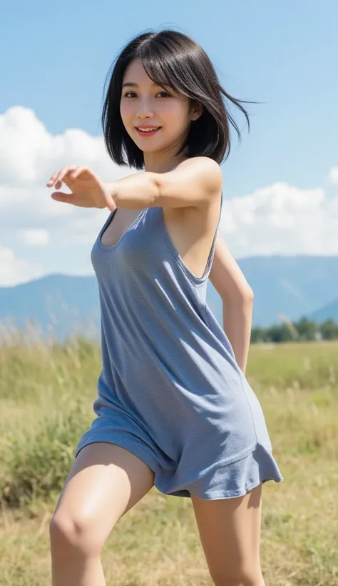 full body,japanese,makes an aesthetic,Master piece,Best Quality,ultra detailed,Photorealistic,Realistic, real,Cinematic,Vibrant,kawaii,1girl, solo,Medium Hair,Shiny Hair,beautiful black hair,grin,standing,reaching out,run,looking back,Natural Lighting,blur...