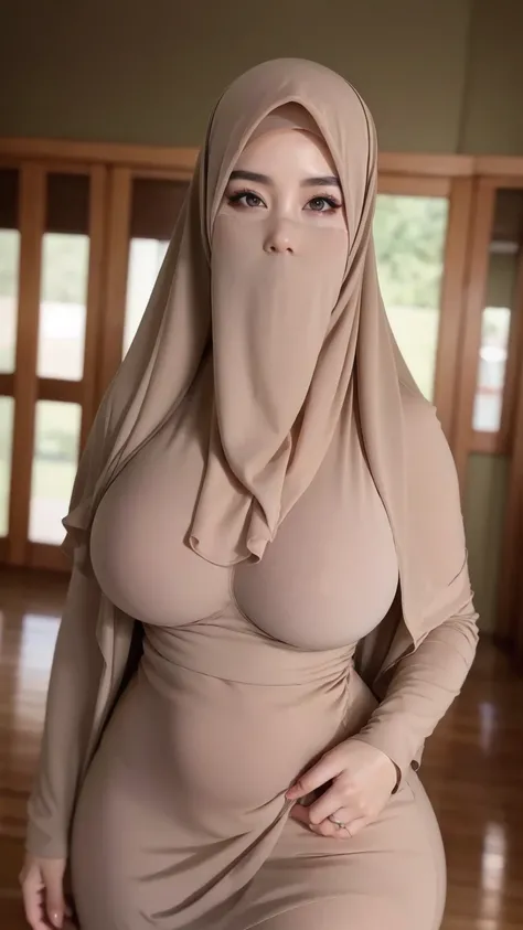 4K, high quality, nice lighting, soft lighting, realistic, dark eyes, sexy, big breasts, thick thighs, wide hips, muscular, malaysian dress, long sleeve, Jewelry, sexy lady, asian, hijab, without face hiding, sexy pose, showing big thighs, nice body, natur...