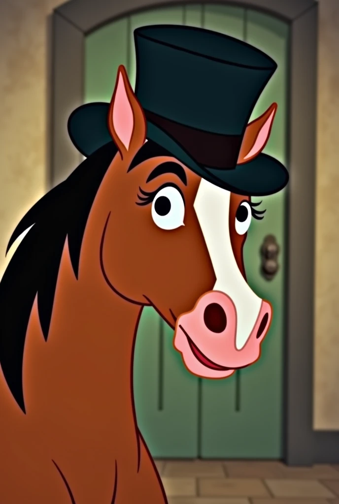 there is a cartoon horse and a man in a top hat, production animation cel, shaded animation cel, animation cel, he is wearing a top hat, animated movie still, movie screen shot, animation still screencap, animated film still, animation film still, western ...