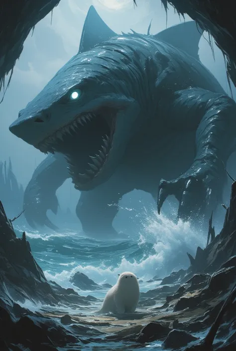 A monstrous, quadrupedal shark-like beast prowling the misty shores and dark coastal caves. Its muscular body is covered in rough, scarred skin, glistening with seawater. Instead of fins, it has powerful, clawed limbs that allow it to stalk the land with t...