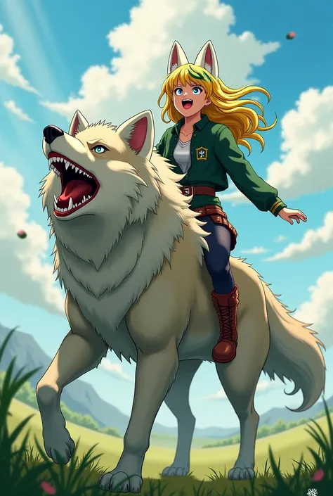  My hero Academia woman with long blonde and green hair with white wolf ears laughing. Riding wolf running fast 