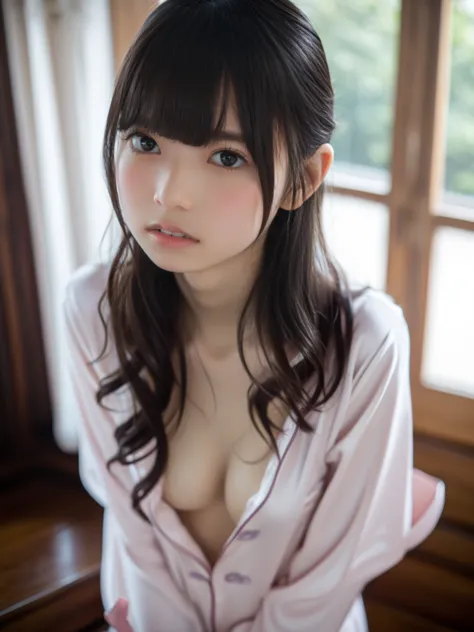 Satin pajamas,((())), without makeup,  Hi-Res ,  professional photo shoot,  Hi-Res , Tiny Breasts ,, slim,  Please show me ,  彼女の足を開いて下着Please show me , Scary look, Tears in my eyes, (( Completely naked in pajamas   )), ( パジャマを開けて肩と二の腕Please show me),  whi...