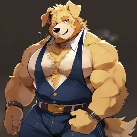 dog, furry, golden retriever, handsome, very muscular, very big, extremely hot and sexy, beard, hair, chest hair, charming eyes, solo, male, happy expression, daddy, full body, big body, clothes, middle aged, by hyaku, by darkgem, by glitter trap boy