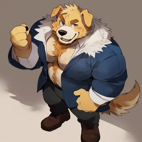 dog, furry, golden retriever, handsome, very muscular, very big, extremely hot and sexy, beard, hair, chest hair, charming eyes, solo, male, happy expression, daddy, full body, big body, clothes, middle aged, by hyaku, by darkgem, by glitter trap boy