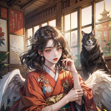 ((highest quality)),(Ultra-high resolution),(Super detailed new),(Detailed Description),((The best CG)),(A masterpiece),Ultra-detailed art,A wonderful new art form,(Art with precise detail:1.5), Light, A female angel descends,Costumes like Japanese shrine ...