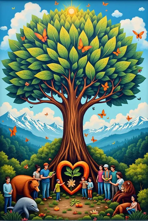  A vibrant and lively mural that represents the harmony between nature and humanity. in the center,  a large leafy and colorful tree ,  with branches that extend into the sky and deep roots that intertwine with the earth . Las hojas del árbol están llenas ...