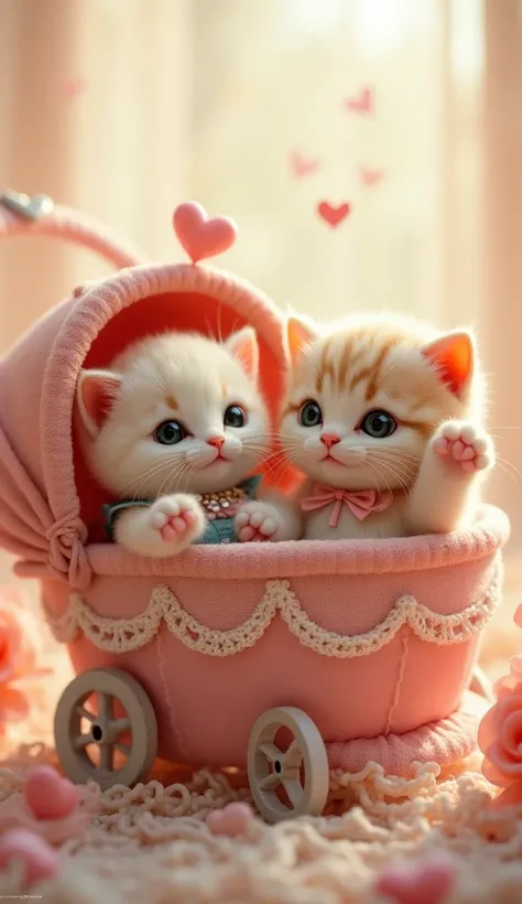 Fahua baby kittens are sitting in a stroller with fluttering laces, they are wearing cute baby clothes, cute poses with big eyes, sweet faces, and poses with one hand raised are cute



