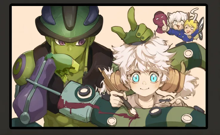 The white-haired girl on the right is playing chess, warm colors, high quality, detailed, warm-toned tarot card pattern in the background, and a green-skinned man on the left