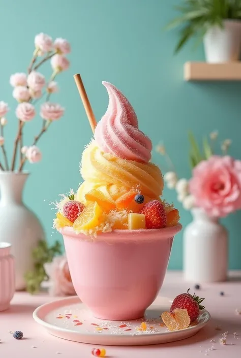 Create a small business cafe by the name of Bingsu boutique.we well shaved ice w different toppings like fruits ,syrup etc. the theme of the cafe blue and other light colors 